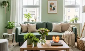 Zielona sofa w salonie, ściany w kolorze **kolor pistacjowy**, jasne poduszki, bukiet kwiatów i świece na stoliku.