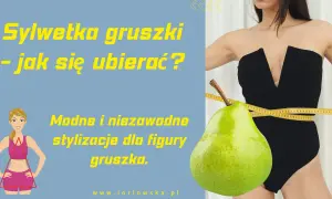Ilustracja figury gruszki, kobieta w czarnej sukience, miarka krawiecka i owoc gruszki.