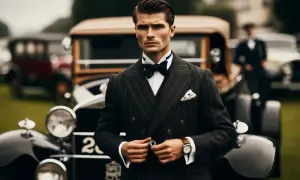 Elegancki mężczyzna w garniturze w prążki, niczym Gatsby, poprawia guzik przy stylowym samochodzie z epoki.