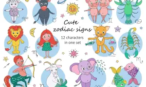 Urocze znaki zodiaku: Baran, Byk, Bliźnięta, Rak, Lew, Panna, Waga, Skorpion, Strzelec, Koziorożec, Wodnik, Ryby. Każdy znak to kolorowy, kreskówkowy kamień granat.