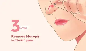 Dłoń zdejmuje kolczyk z nosa, obok cyfra 3 i napis "Remove Nosepin without pain".