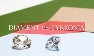 Dwa błyszczące kamienie szlachetne, jeden jaśniejszy, drugi z niebieskimi refleksami, na tle napisu "DIAMENT VS CYRKONIA".
