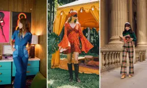 Kobiety w stylizacjach z lat 70.: dżinsowy kombinezon, sukienka w stylu boho i kraciaste spodnie.