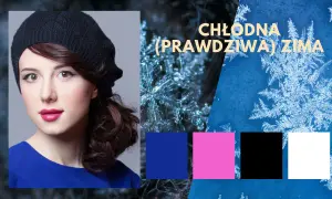 Chłodna zima kolory: kobieta w czarnym beretcie i niebieskiej sukience, płatki śniegu, paleta barw: niebieski, różowy, czarny, biały.