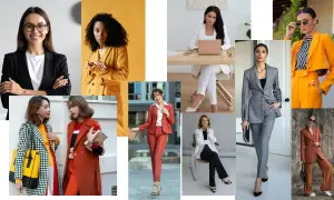 Kobiety w eleganckich, **casual business** stylizacjach: garnitury, marynarki, spodnie. Różne kolory i wzory.