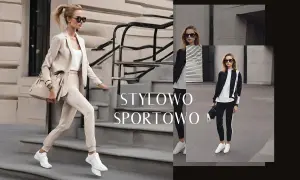 Kobiety w stylizacjach athleisure: elegancki beżowy garnitur i sportowy czarno-biały komplet.