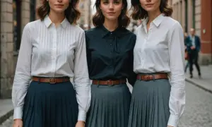 Trzy kobiety prezentują stylizacje: białe i czarne koszule z brązowymi paskami do plisowanych spódnic. Idealna inspiracja, jaka bluzka do plisowanej spódnicy.