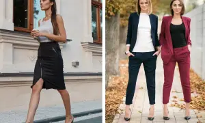 Eleganckie stylizacje na imprezę firmową: czarna spódnica z zamkiem i buty na obcasie, granatowy i bordowy garnitur.