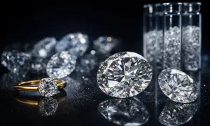 Błyszczące diamenty, w tym pierścionek zaręczynowy i luźne kamienie, symbolizują piękno i trwałość. Ich zastosowanie w biżuterii jest odwieczne.