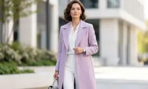 Elegancka kobieta w płaszczu w kolorze liliowym, białej koszuli i spodniach, z szarą torebką w dłoni, idzie ulicą.