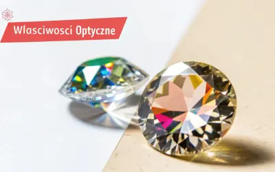 Dwa błyszczące kamienie, jeden przypominający cyrkonię, drugi diament, ukazują swoje optyczne właściwości.