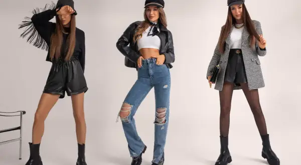 Trzy kobiety prezentują rockowe stylizacje: w skórzanych szortach, podartych jeansach i w marynarce z krótkimi spodenkami.