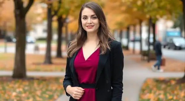Elegancka kobieta w bordowej sukience i czarnym żakiecie, idealne połączenie na jesienny spacer.