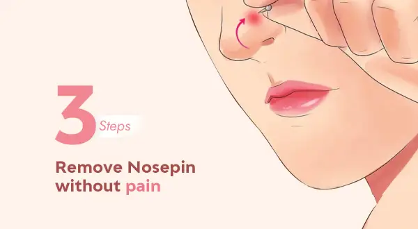 Dłoń zdejmuje kolczyk z nosa, obok cyfra 3 i napis "Remove Nosepin without pain".
