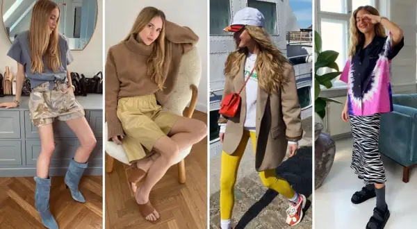 Kobiety prezentują modne stylizacje w skandynawskim stylu: od luźnych szortów po kolorowe wzory.