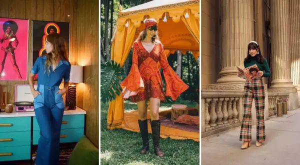 Kobiety w stylizacjach z lat 70.: dżinsowy kombinezon, sukienka w stylu boho i kraciaste spodnie.