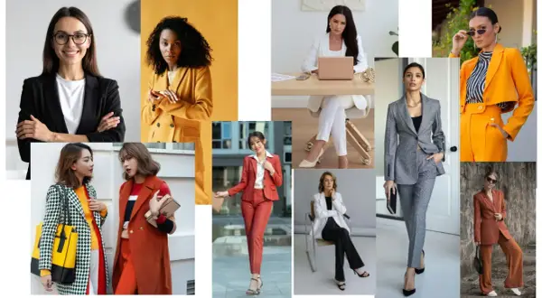 Kobiety w eleganckich, **casual business** stylizacjach: garnitury, marynarki, spodnie. Różne kolory i wzory.