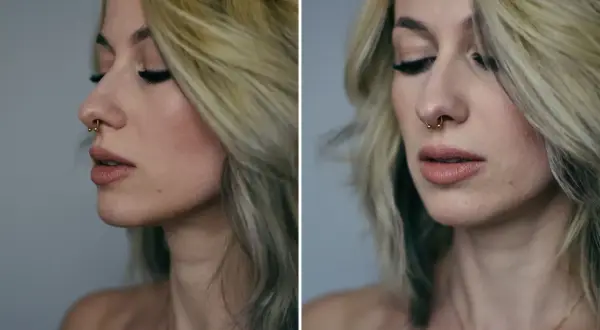 Kobieta z blond włosami i złotym septum. Czy septum boli? To pytanie zadaje sobie wiele osób, ale widok tej ozdoby sugeruje, że warto.