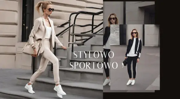 Kobiety w stylizacjach athleisure: elegancki beżowy garnitur i sportowy czarno-biały komplet.