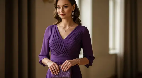Elegancka kobieta w fioletowej sukience, z błyszczącą kopertówką i biżuterią. Idealne dodatki do fioletowej sukienki.