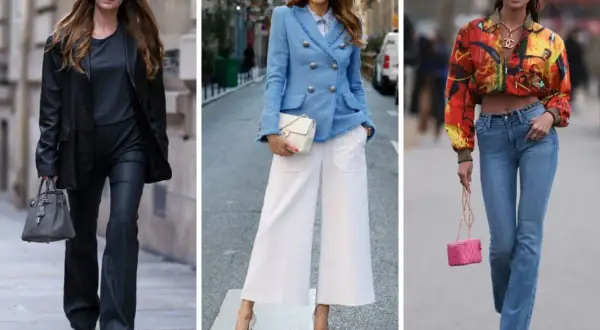 Stylizacje dla figury gruszki: czarny total look, błękitny tweed i białe szerokie spodnie, kolorowa kurtka i jeansy.