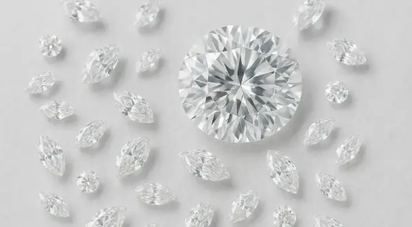 Oto jak wygląda diament: duży, okrągły brylant otoczony mniejszymi diamentami w kształcie łzy i okrągłymi.