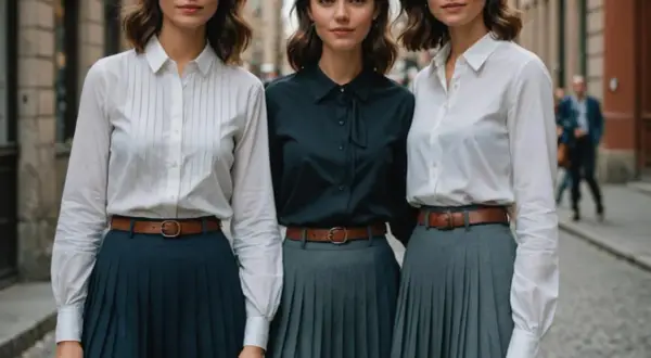 Trzy kobiety prezentują stylizacje: białe i czarne koszule z brązowymi paskami do plisowanych spódnic. Idealna inspiracja, jaka bluzka do plisowanej spódnicy.