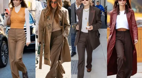 Kendall Jenner, Jennifer Lopez, Gigi Hadid i Emily Ratajkowski pokazują, co pasuje do brązowych spodni: swetry, płaszcze, garnitury i marynarki.