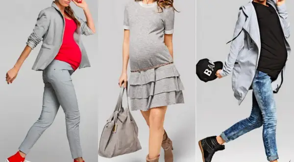 Trzy kobiety w ciąży prezentują stylową modę ciążową: elegancki zestaw z marynarką, zwiewną sukienkę i casualowy look z jeansami.