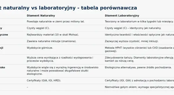Tabela porównuje diamenty naturalne i laboratoryjne, pomagając jak rozpoznać diament. Różnice dotyczą pochodzenia, ceny, wyglądu i metod produkcji.