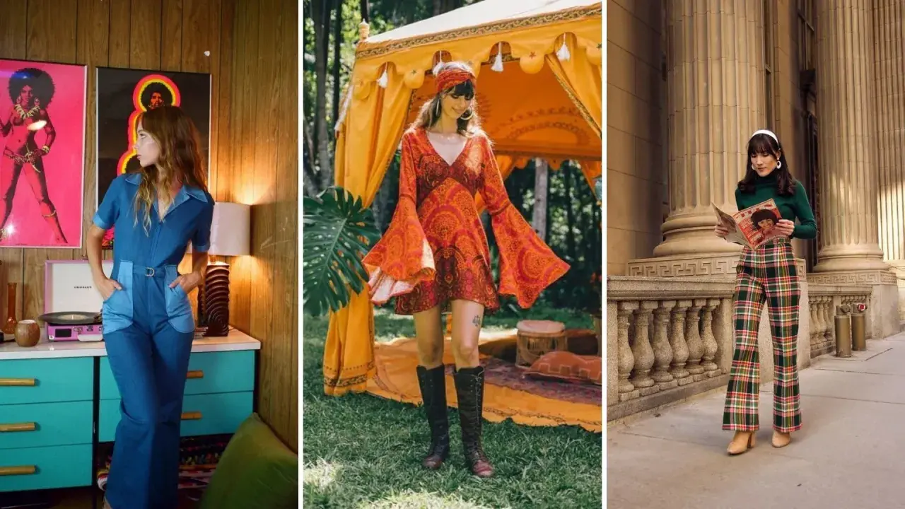 Kobiety w stylizacjach z lat 70.: dżinsowy kombinezon, sukienka w stylu boho i kraciaste spodnie.