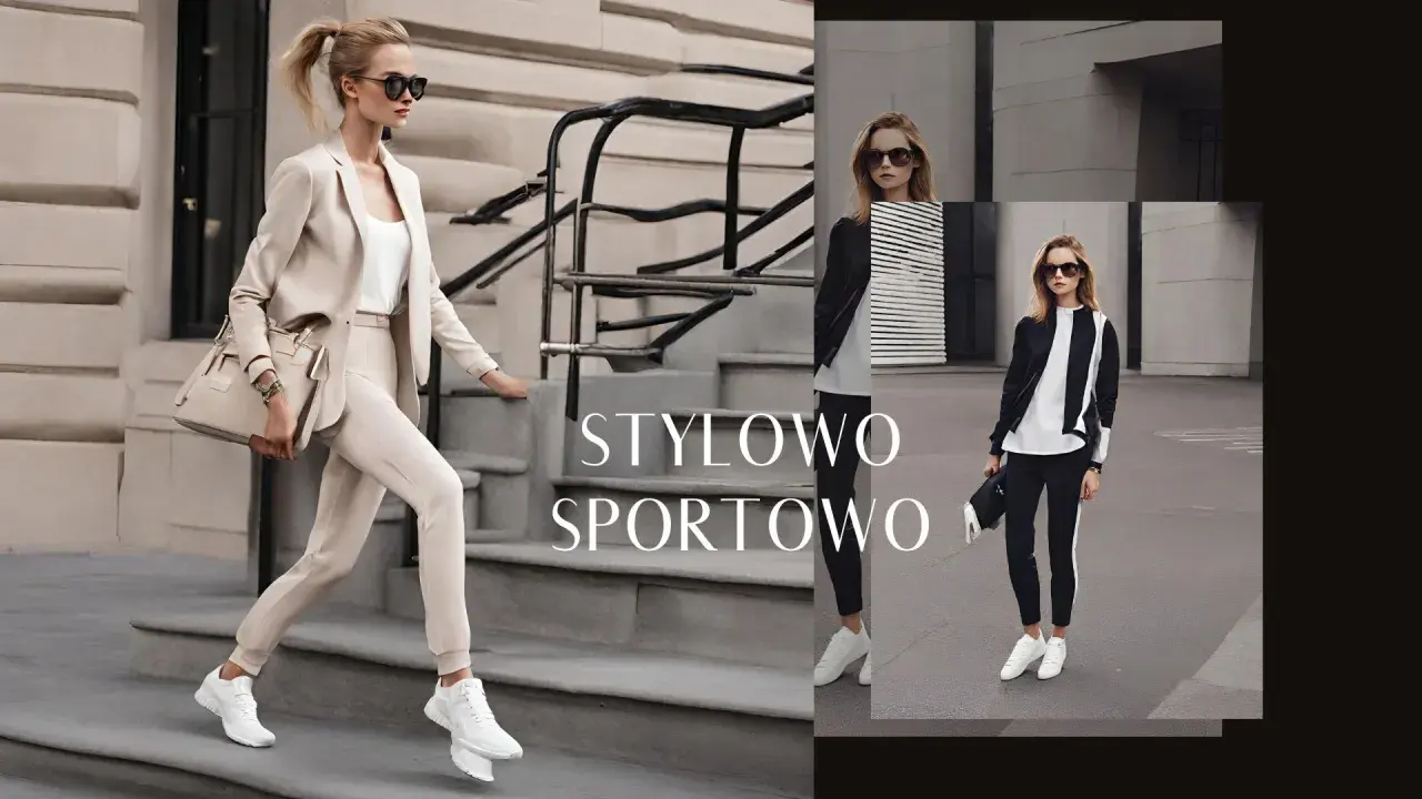 Kobiety w stylizacjach athleisure: elegancki beżowy garnitur i sportowy czarno-biały komplet.