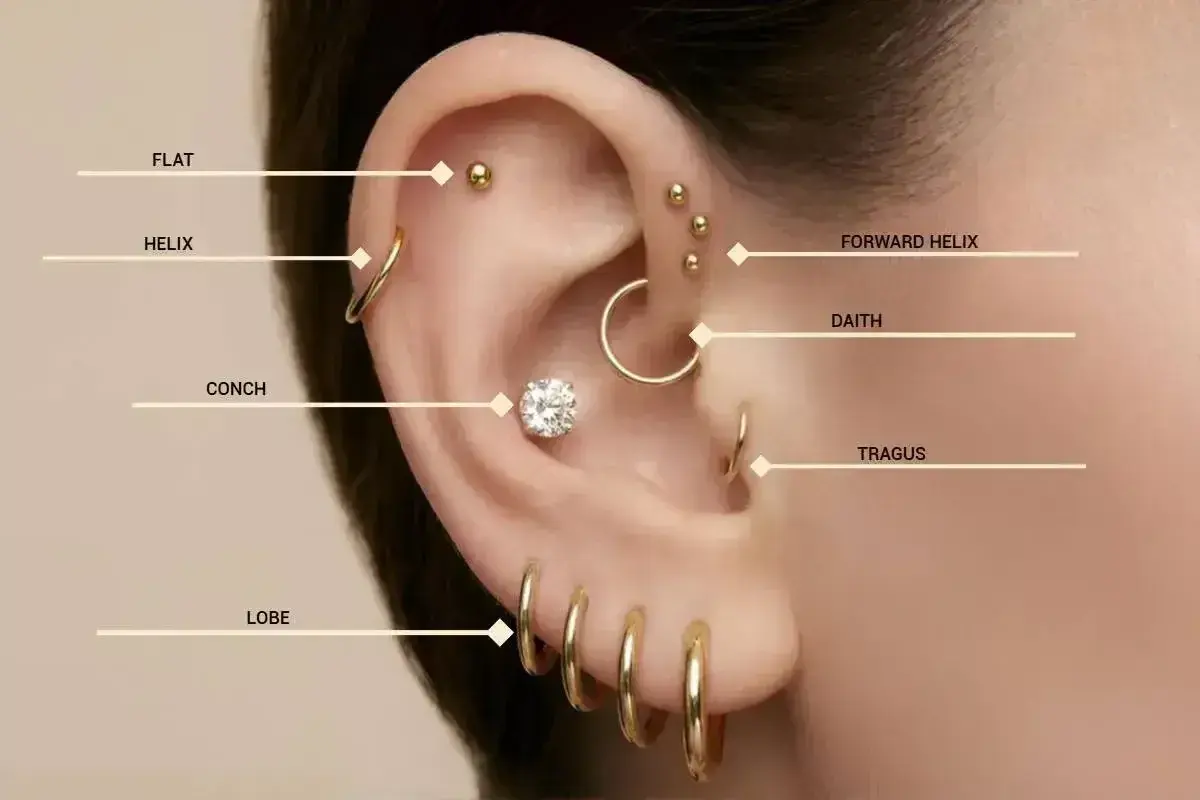 Kolczyki w uchu: płatek (lobe), koncha, helix, forward helix, daith, tragus. Gdzie najbardziej boli?