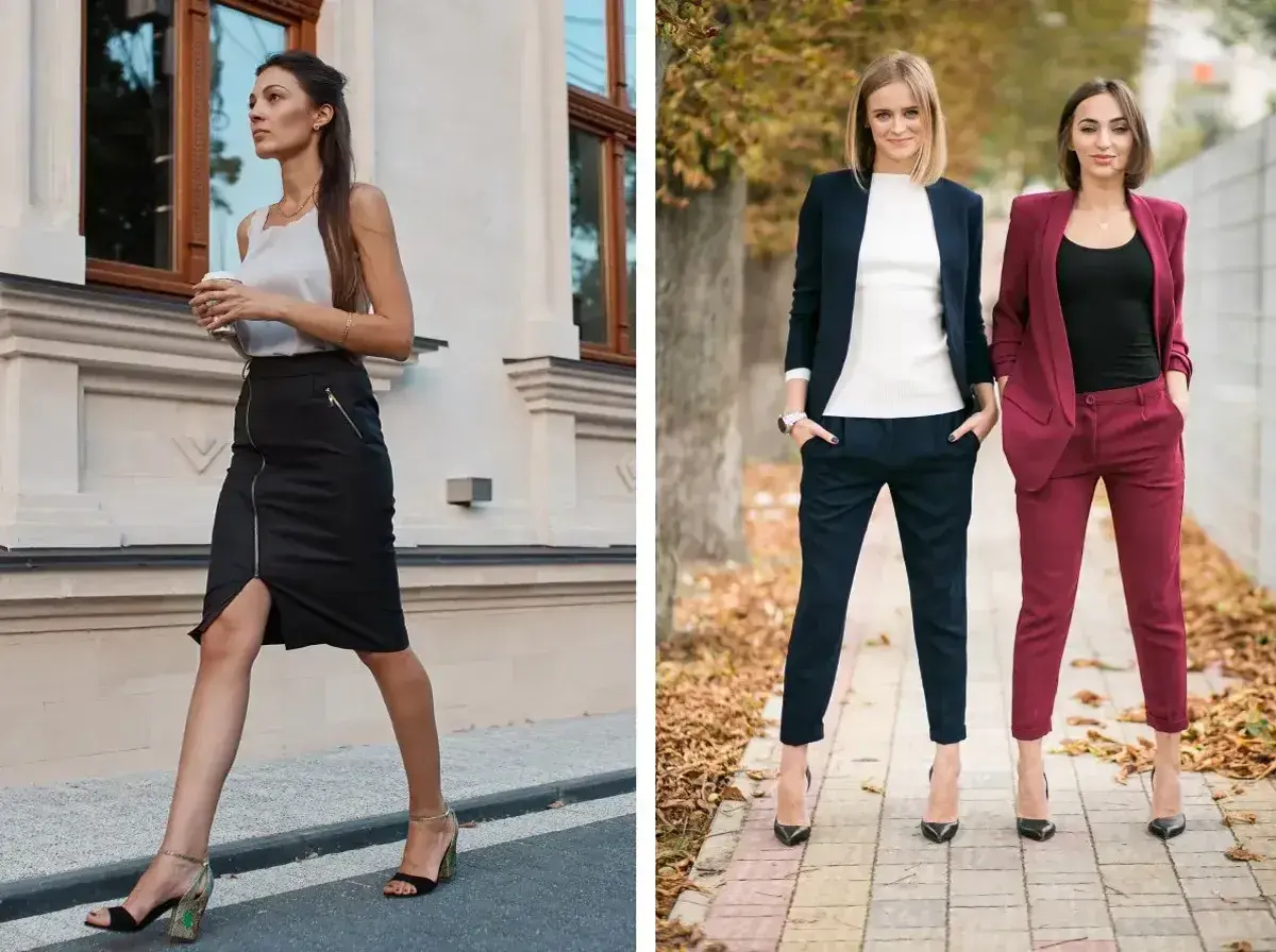 Eleganckie stylizacje na imprezę firmową: czarna spódnica z zamkiem i buty na obcasie, granatowy i bordowy garnitur.