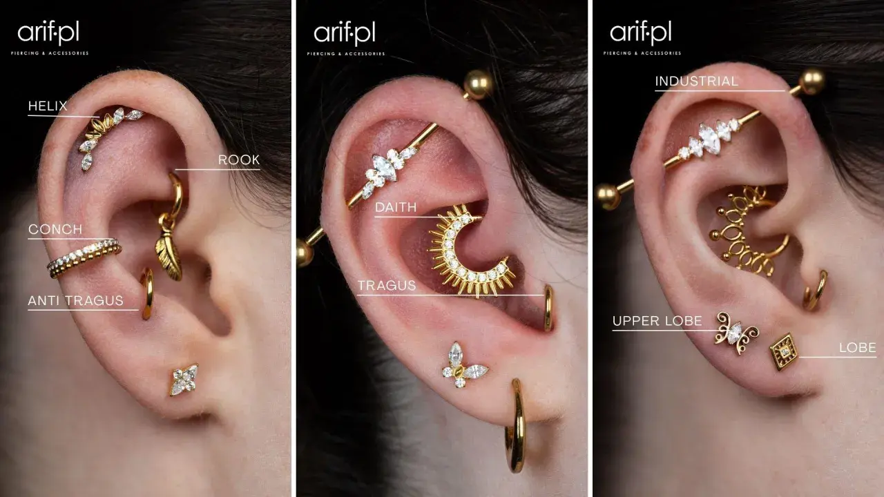 Złote kolczyki w uchu: helix, rook, conch, anti tragus, daith, tragus, industrial, upper lobe, lobe. Różne nazwy piercingów.