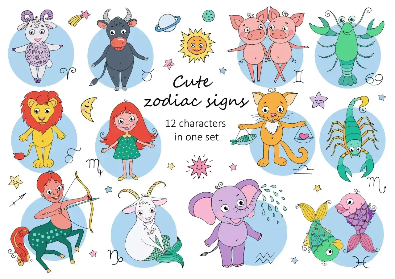 Urocze znaki zodiaku: Baran, Byk, Bliźnięta, Rak, Lew, Panna, Waga, Skorpion, Strzelec, Koziorożec, Wodnik, Ryby. Każdy znak to kolorowy, kreskówkowy kamień granat.