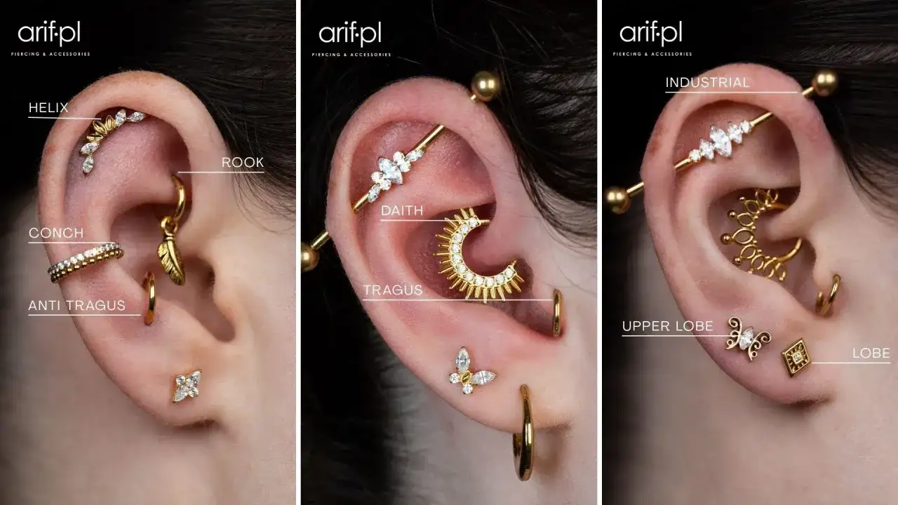 Złote kolczyki w uchu: helix, rook, conch, anti tragus, daith, tragus, industrial, upper lobe, lobe. Różne nazwy piercingów.