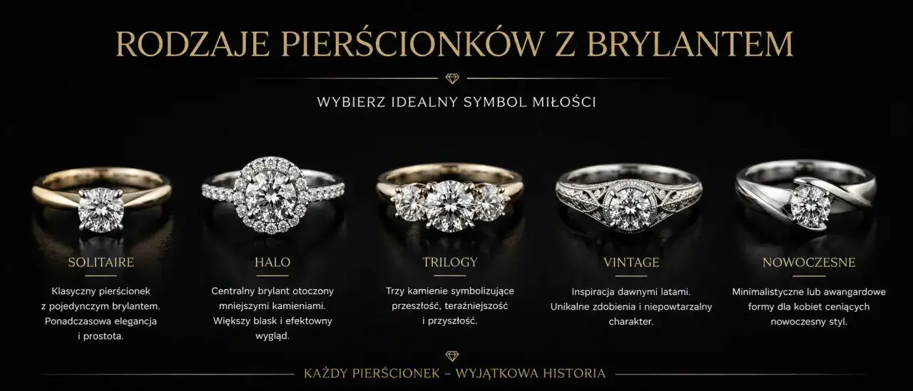 Różne rodzaje pierścionków z brylantem: Solitaire, Halo, Trilogy, Vintage, Nowoczesne. Każdy brylant to wyjątkowa historia.
