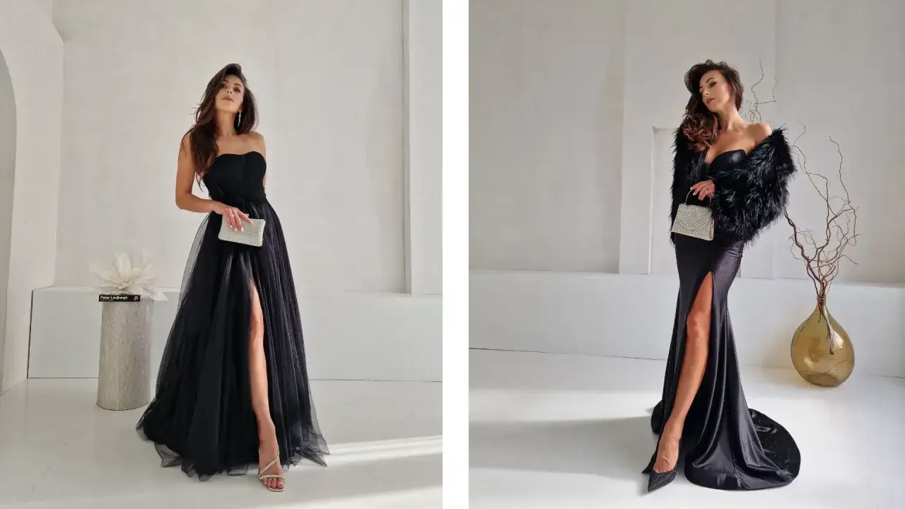 Elegancka czarna sukienka z rozcięciem. Na jednym zdjęciu modelka ma na sobie futrzaną narzutkę, co na wierzch do czarnej sukienki dodaje jej szyku.