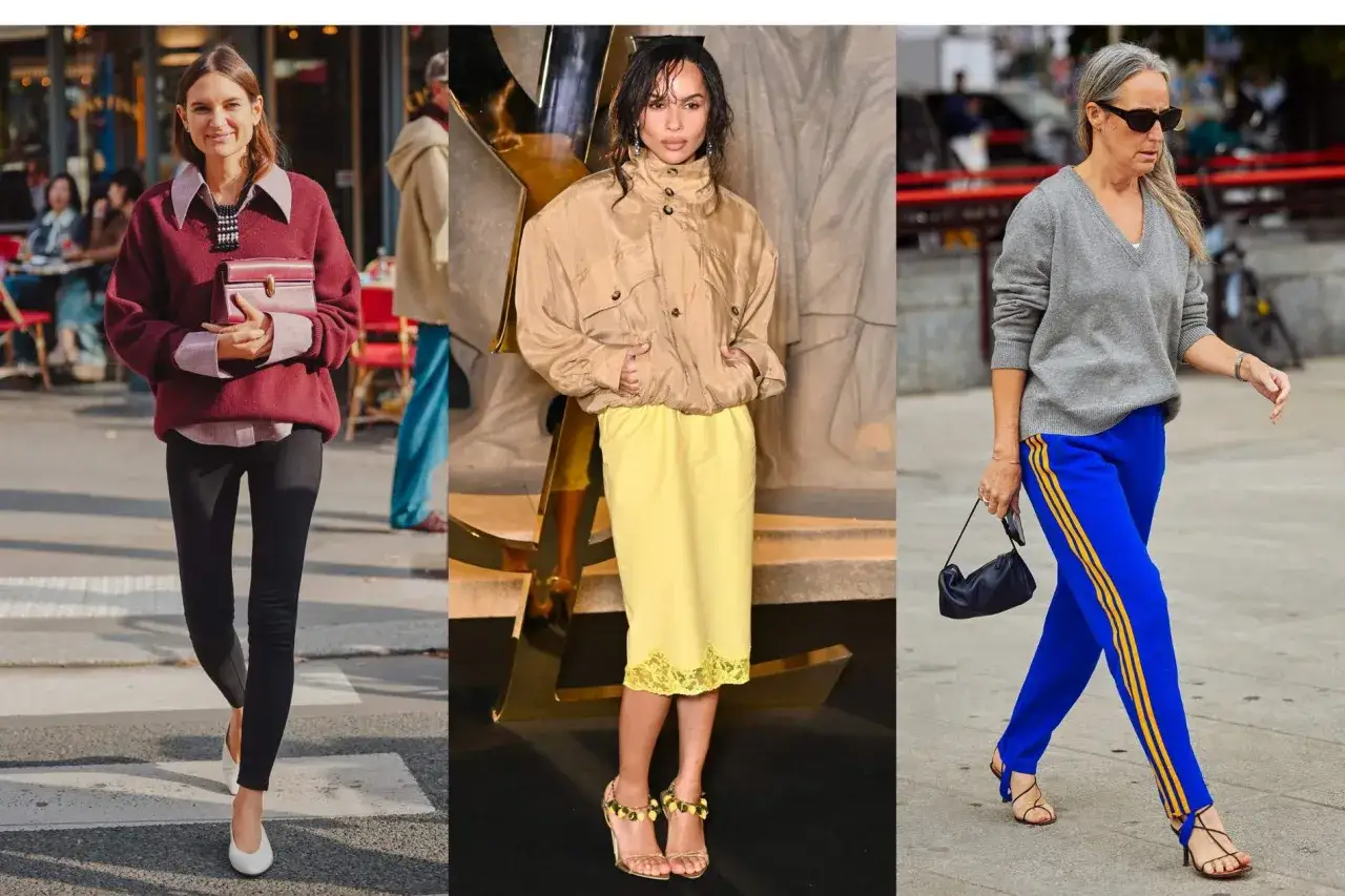 Trzy kobiety prezentują styl athleisure: w bordowym swetrze i legginsach, w beżowej kurtce i żółtej spódnicy, oraz w szarym swetrze i niebieskich dresach z żółtymi paskami.