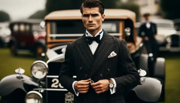 Elegancki mężczyzna w garniturze w prążki, niczym Gatsby, poprawia guzik przy stylowym samochodzie z epoki.