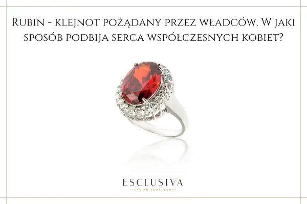 Elegancki pierścionek z dużym, czerwonym rubinem otoczonym błyszczącymi kamieniami. Jak rozpoznać rubin? Ten klejnot od wieków fascynuje.
