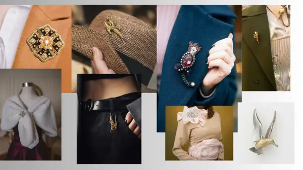 Eleganckie broszki i ozdoby podkreślające norweski styl ubioru.