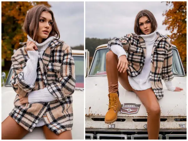 Elegancki golf damski w kratę, idealny do jesiennych stylizacji. Zobacz, jak nosić go z legginsami i botkami.