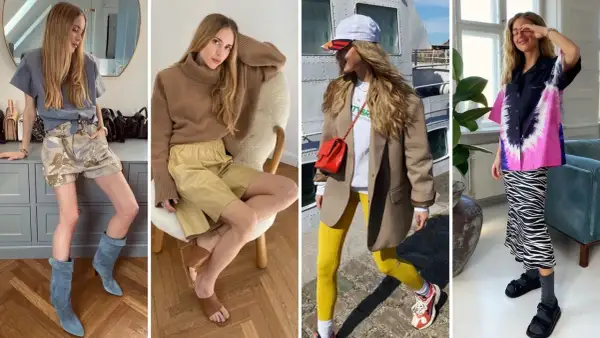 Kobiety prezentują modne stylizacje w skandynawskim stylu: od luźnych szortów po kolorowe wzory.