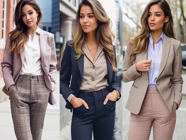 Trzy kobiety w eleganckich, ale każualowych stylizacjach biznesowych. Każda prezentuje inny zestaw marynarki i spodni.
