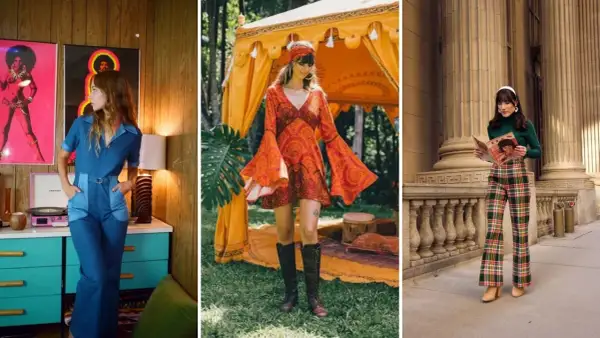 Kobiety w stylizacjach z lat 70.: dżinsowy kombinezon, sukienka w stylu boho i kraciaste spodnie.
