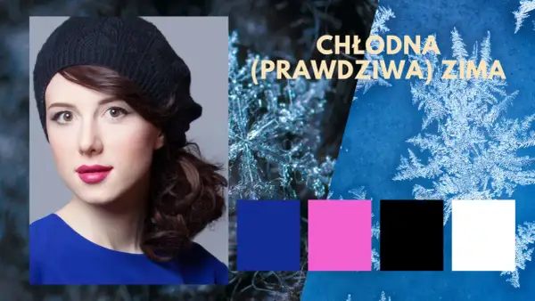 Chłodna zima kolory: kobieta w czarnym beretcie i niebieskiej sukience, płatki śniegu, paleta barw: niebieski, różowy, czarny, biały.