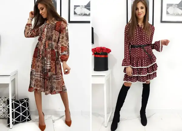 Dwie kobiety w sukienkach. Jedna w stylu vintage, w patchworkowy wzór, druga w grochy z falbankami.
