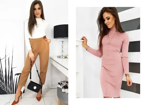 Figura klepsydra jak się ubierać: eleganckie spodnie i bluzka lub dopasowana sukienka podkreślą sylwetkę.